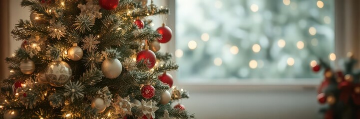A festive Christmas background with a beautifully decorated tree, sparkling lights, ornaments, and a cozy atmosphere, winter