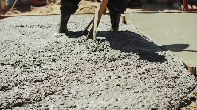 Workers distributing liquid concrete at the construction site