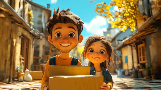 Cheerful animated characters carrying cardboard boxes, set in a sunny village with vibrant surroundings