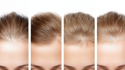 Woman's hair transformation, four stages from wet to dry, styled, and damaged. ideal for education on care, salon, beauty.