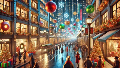 Obraz premium Vibrant City Street with Colorful Christmas Lights and Holiday Shoppers