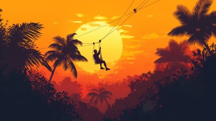 Silhouette Ziplining Through Tropical Sunset Paradise