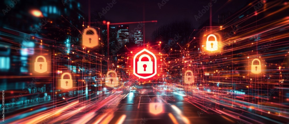 Aufkleber dynamic cybersecurity illustration featuring locks and shields amidst blurred tech network imagery