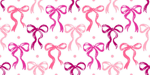 Bow pattern. Pink ribbon seamless print. Cute crayon flirtatious background. Coquette vintage repeat feminine bow pattern. Watercolor pink pretty ribbon seamless vector. Brush, pencil cute girl design