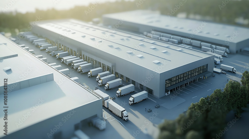 Poster automated european logistics hub featuring advanced systems and efficient truck loading operations i