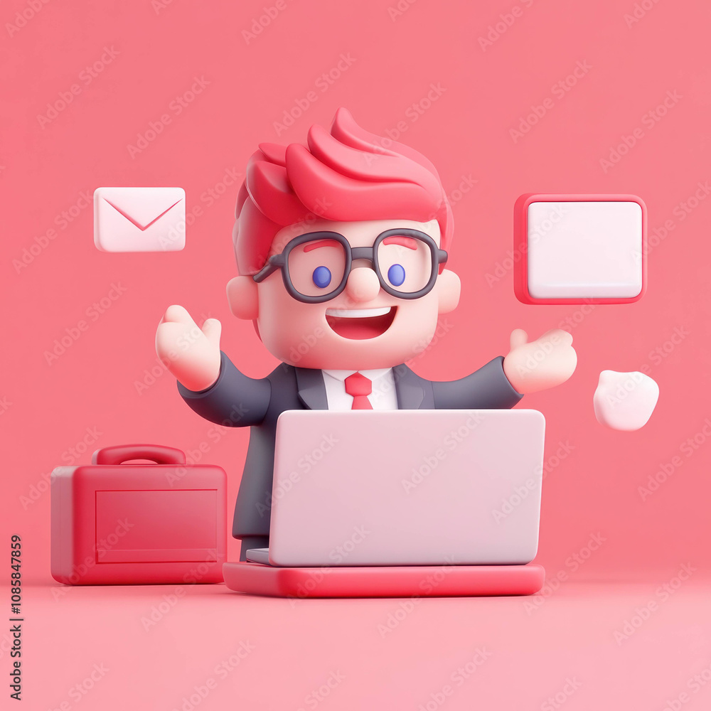 Poster cheerful 3D character with laptop and floating icons