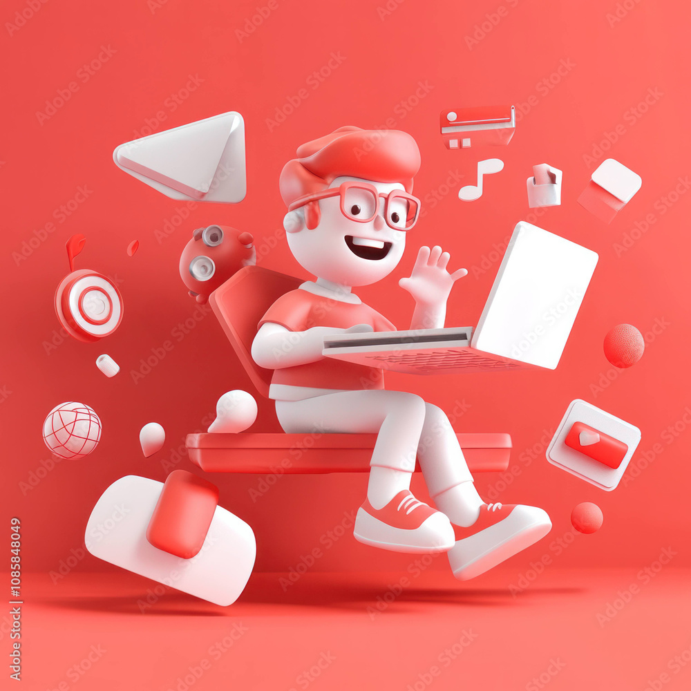 Poster cheerful 3D character using laptop surrounded by floating icons