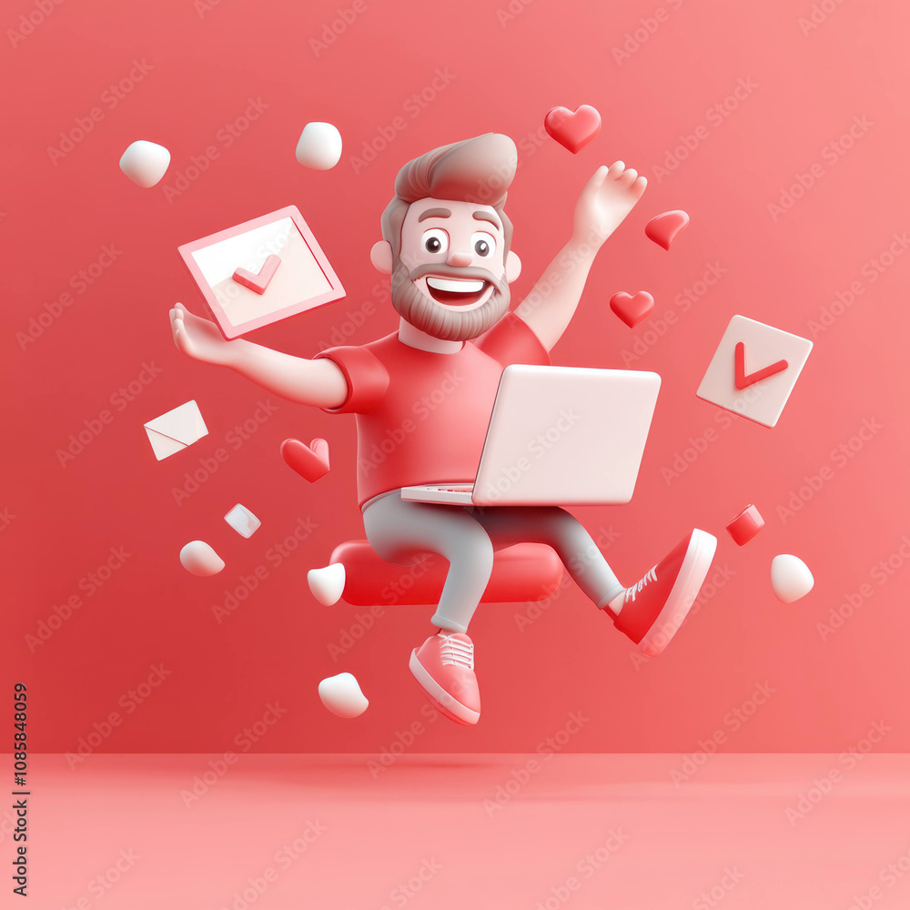 Poster joyful 3D character with laptop surrounded by floating icons