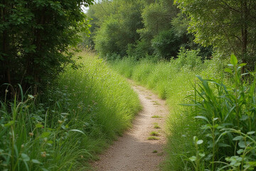 Fototapeta premium cutting dense foliage grass bushes winding outdoor path
