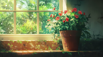 Fototapeta premium Beautiful Anime Manga Illustration of a Plant in a Pot Close-Up