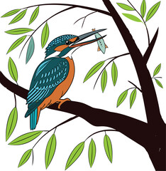Obraz premium A Kingfisher bird has a small fish in its mouth sitting on tree branch 