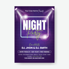 Modern Party invitation vertical print flyer or poster template for nightclub dance poster, DJ music night party flyer,  concert, disco party flyer place for image, Nigh Party leaflet brochure cover