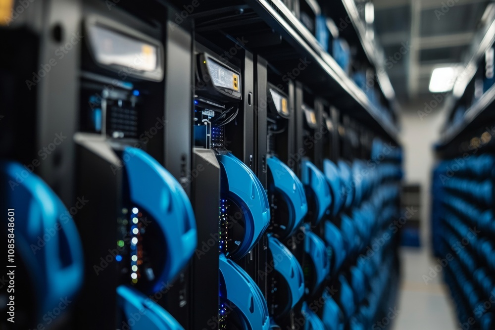Poster expansive server room filled with black and blue machines powering cloud computing services