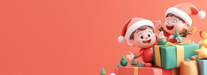 Cheerful red Christmas banner with playful elves and gifts