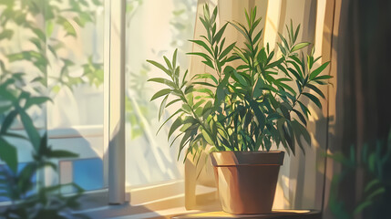 Fototapeta premium Anime Manga Plant in a Pot Illustration with Macro Detail