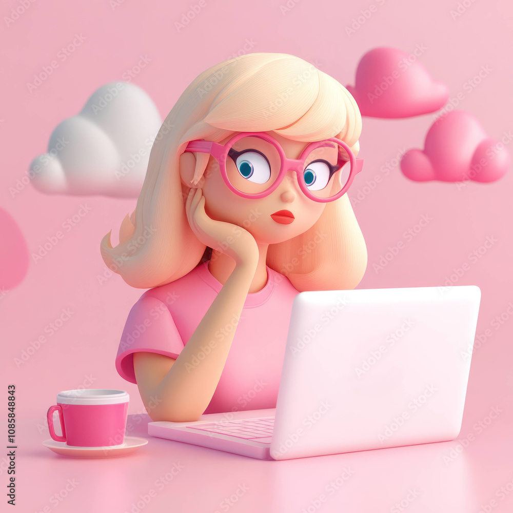 Poster 3d character with glasses works on laptop in pink setting