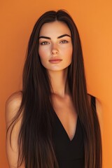 Naklejka premium Stunning model with long dark brown hair in black dress against vibrant orange background for salon
