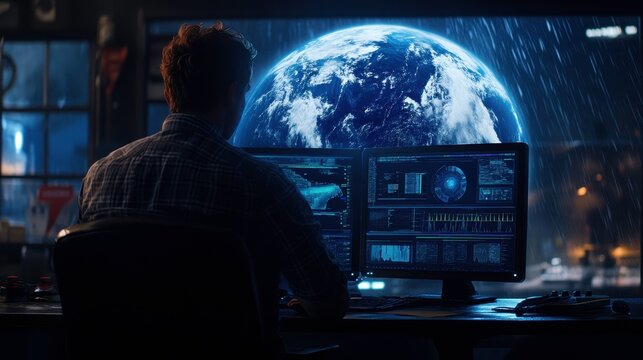 Intense Focus on Data Analysis Amid Rainstorm: A Person Working with Multiple Screens Displaying Earth and Scientific Data in a High-Tech Environment