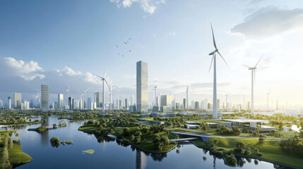 Futuristic city clean energy sustainable development hope progress cityscape wind turbines river skyscrapers green eco friendly technology environment nature future urban modern innovation harmony