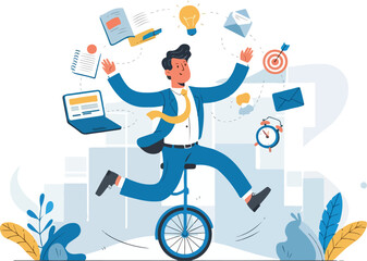 businessman juggling tasks while riding a unicycle vector illustration.


