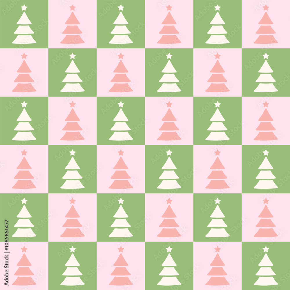 Poster cute checkered retro pastel christmas tree vector repeat pattern, seamless repeating tile design