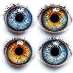 Set of four blue and yellow eyeballs isolated on a white background, featuring vibrant and contrasting colors, perfect for creative designs, medical illustrations, or conceptual art projects.