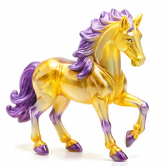 A vibrant, stylized glass horse figurine featuring golden and purple hues, showcasing elegance and artistic design.