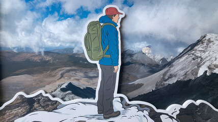 Hiker illustration atop snowy mountain