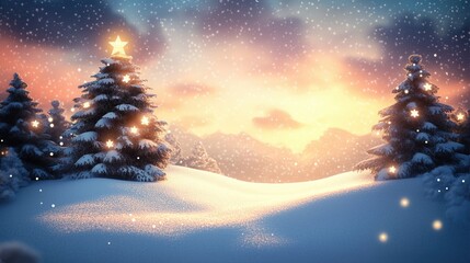 Fototapeta premium Serene Winter Wonderland with Snow-Covered Trees and Glowing Christmas Lights at Sunset