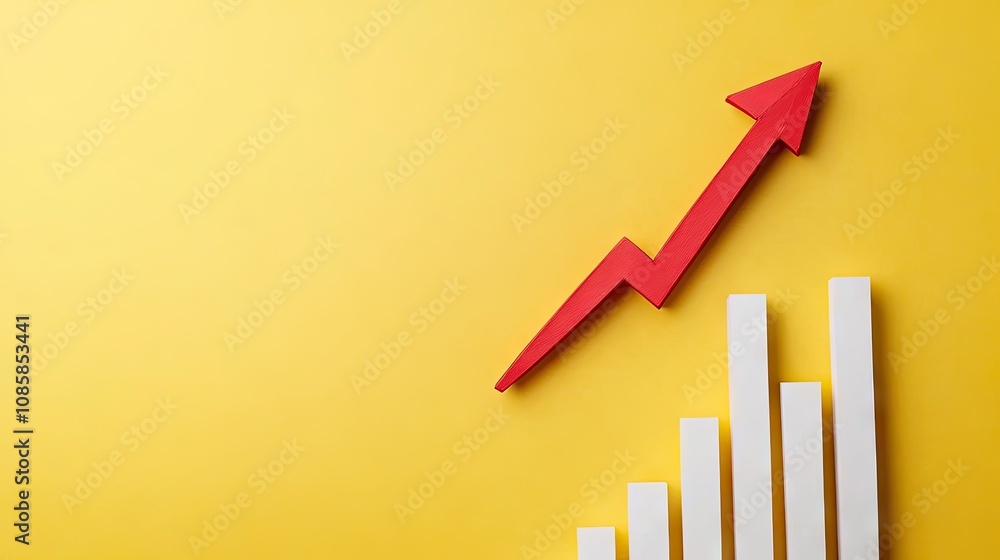 Poster dynamic upward arrow and colorful bar graph symbolizing business growth on vibrant yellow background
