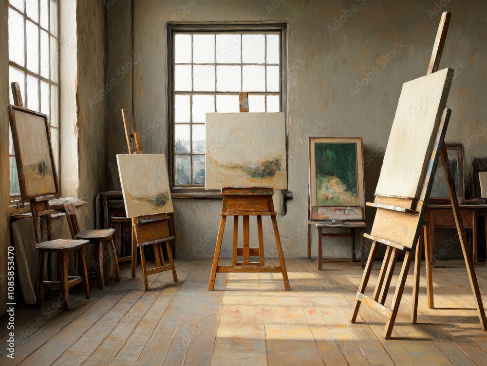 Poster art studio with empty easels and natural light.