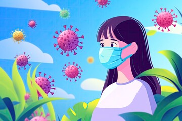 A flat vector illustration of an Asian woman wearing a mask with viruses moving around surrounded by cold and flu