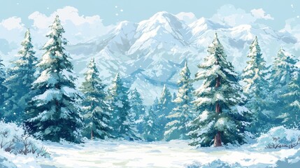 Fototapeta premium Serene Winter Landscape with Majestic Mountains and Snow-Covered Pines, Capturing the Tranquility of a Snowy Wilderness in Vibrant Colors and Soft Light