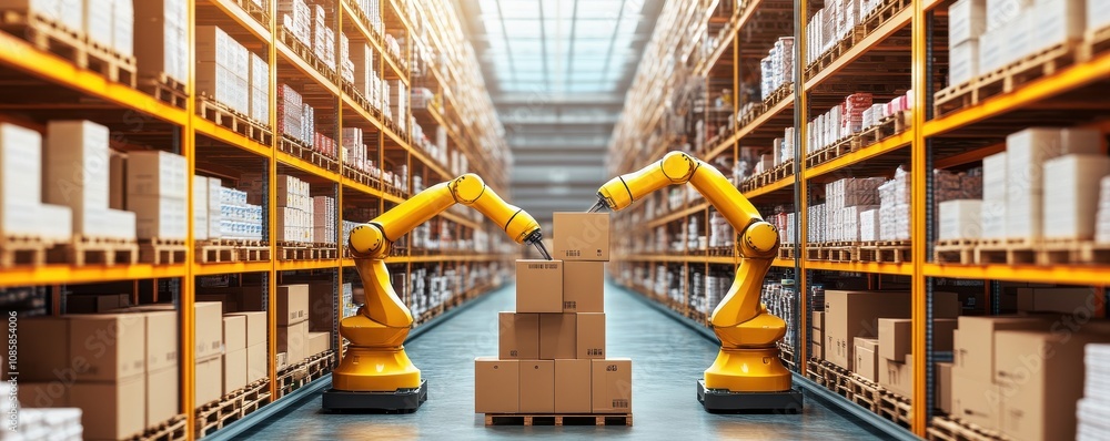 Poster advanced robots in a modern warehouse setting.