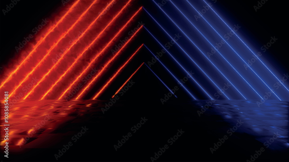 Poster abstract colorful background with bright neon beams and glowing lines reflecting on the floor. clean