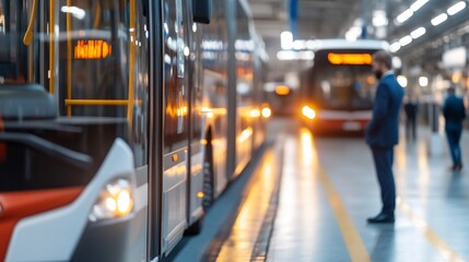 Man in suit observes buses in a factory.