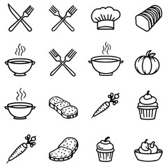 set of kitchen utensils Food Icon line Art Vector Drawing pattern Illustration Background.	