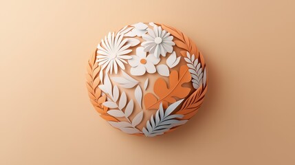 Minimalist 3D illustration: paper globe with cut out leaves and flowers, suitable for eco-friendly themes or educational materials.