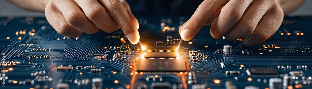 Poster technology and innovation concept. hands interacting with a glowing computer circuit board.