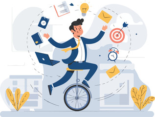 businessman juggling tasks while balancing on a unicycle vector illustration.


