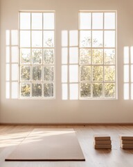 Fototapeta premium A serene, minimalist room featuring large windows that allow natural light, complemented by a wooden floor and yoga props.