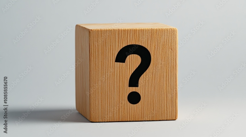 Poster a wooden cube featuring a question mark symbol on a minimalistic background, inviting curiosity and 