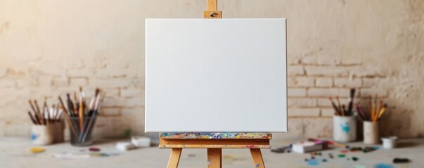 Blank canvas on easel ready for creation.
