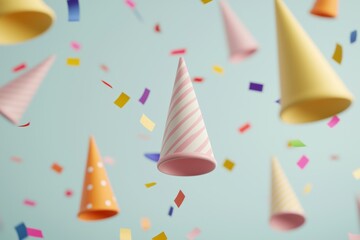 Obraz premium Colorful party hats and confetti floating against a light blue background, creating a festive and celebratory atmosphere.