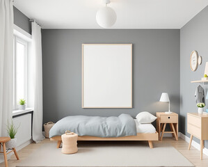 3D Render of a Scandinavian-Inspired Children’s Bedroom with Mockup Poster Frame