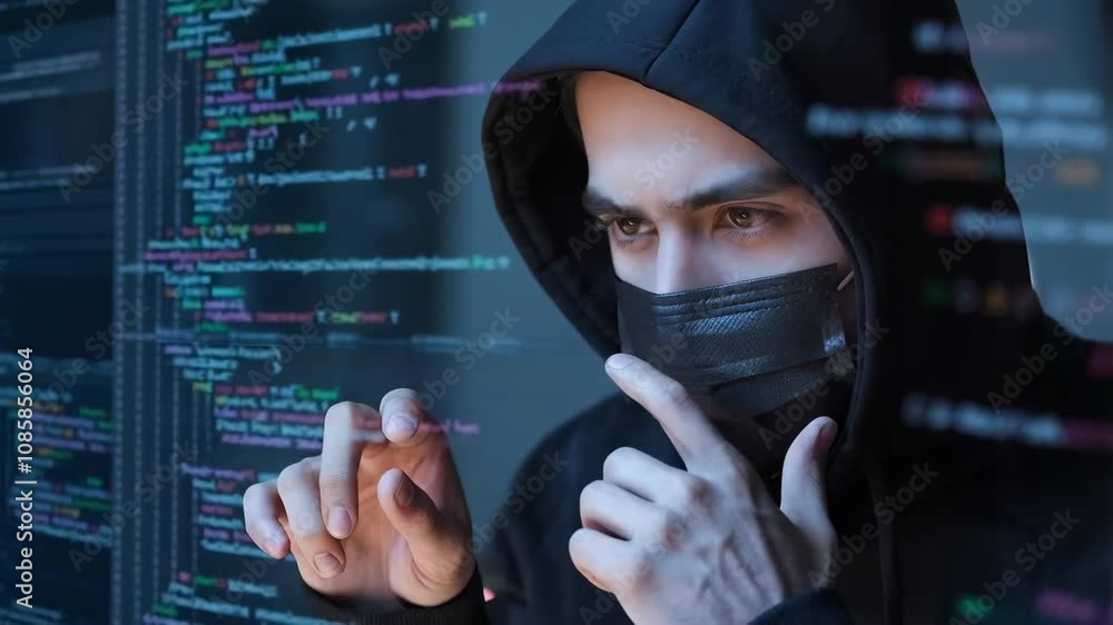 Poster a masked individual interacts with code on a screen, suggesting a hacker or programmer scenario.