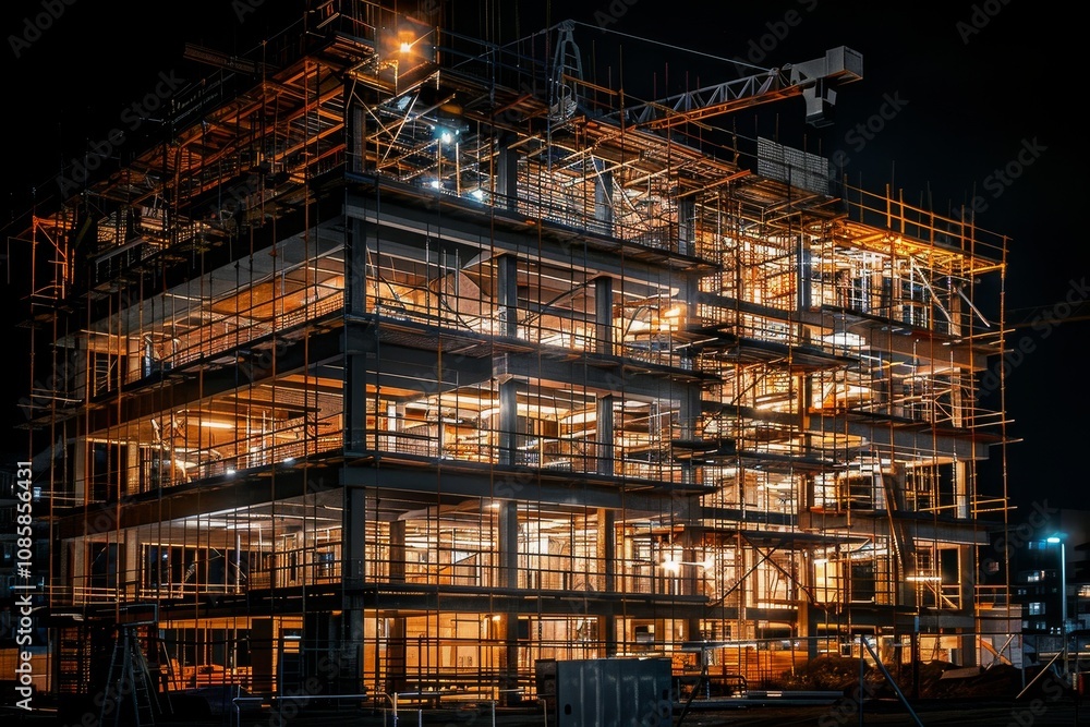 Poster a building under construction at night, illuminated by artificial lights ,a construction site at nig