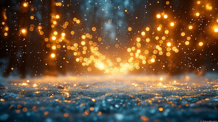 Naklejka premium Golden glowing bokeh lights in winter landscape, festive atmosphere with falling snow, warm holiday ambiance, seasonal celebration, abstract Christmas background, magical winter night