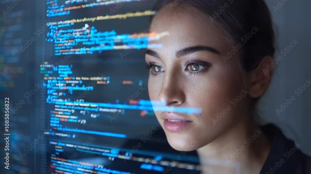 Poster a woman intently observes programming code on a transparent screen.