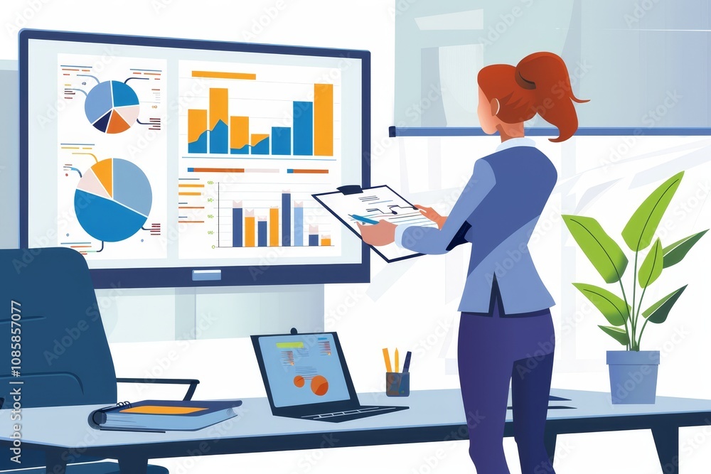 Poster a businesswoman making a presentation on a projector screen,a woman stands before a large screen dis